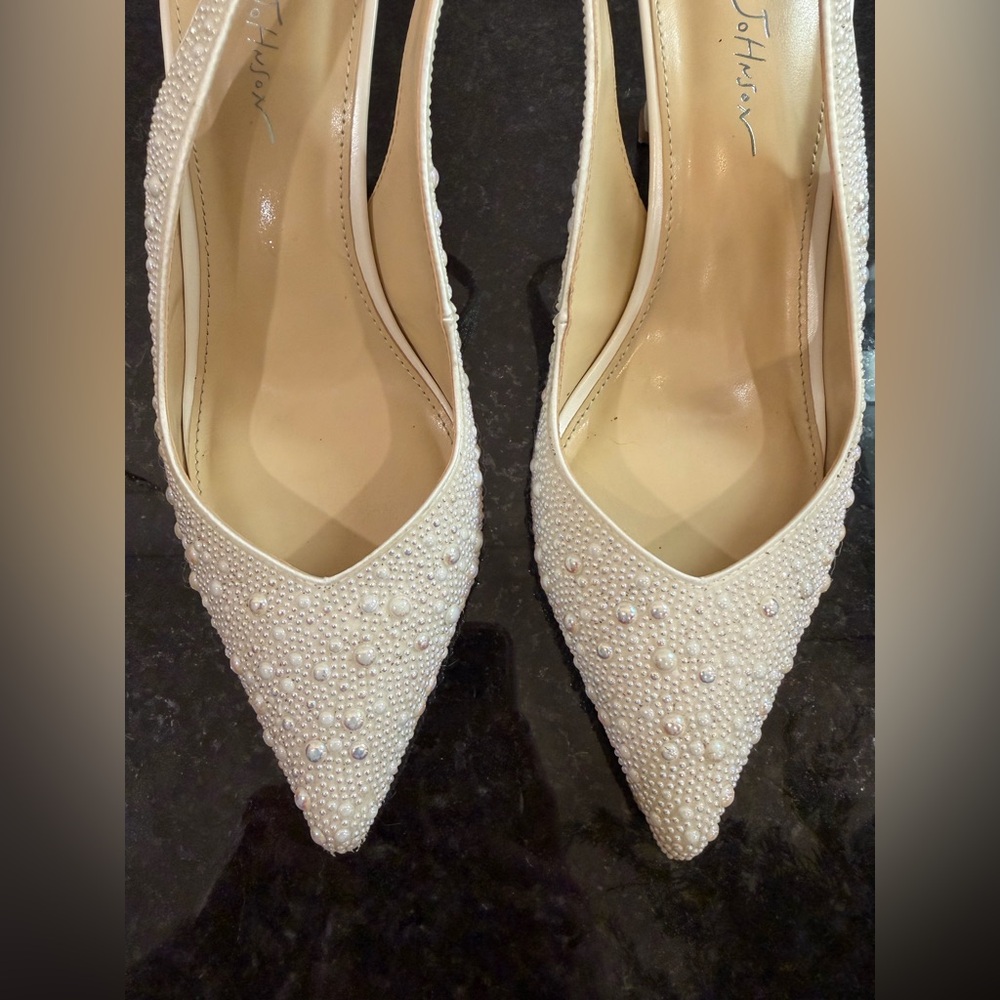 Betsey Johnson Pearl-Studded White Heels